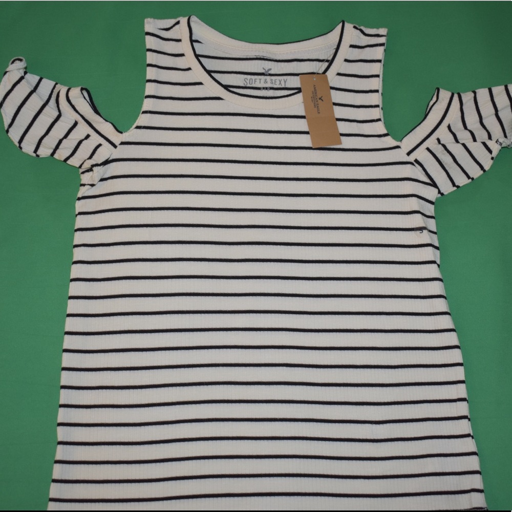 Black & White Open Shoulder Striped Blouse - American Eagle Outfitters (Size S)